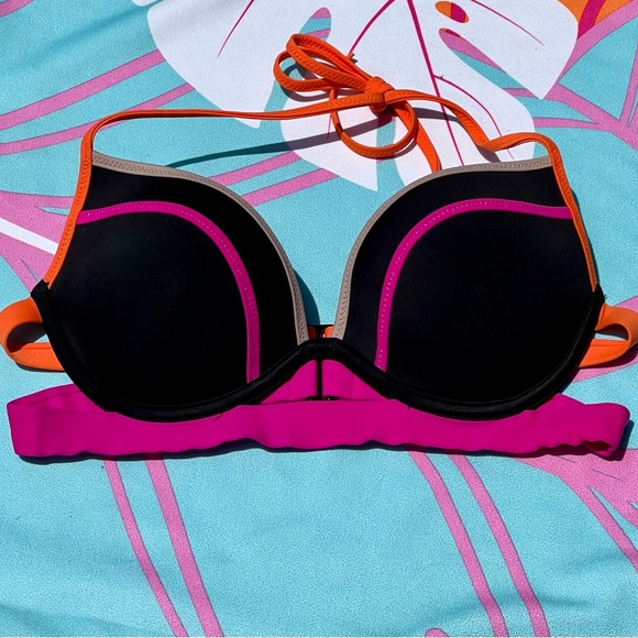VS Hottie Halter: Victoria’s Secret Double-Banded Bikini Top Black, Pink, Orange - Picture 7 of 7